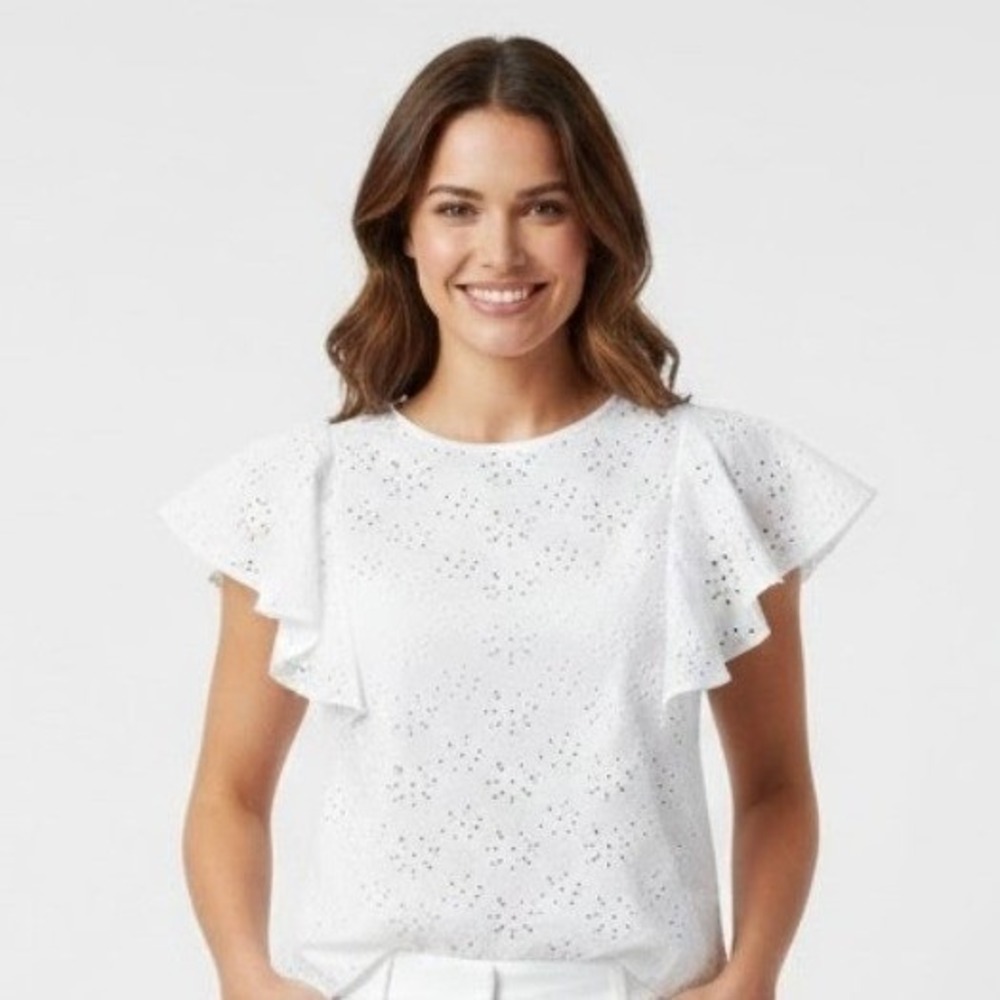 Nanette Lepore Women Shirt L White Eyelet Flutter Sleeve Top Boho Feminine Fairy